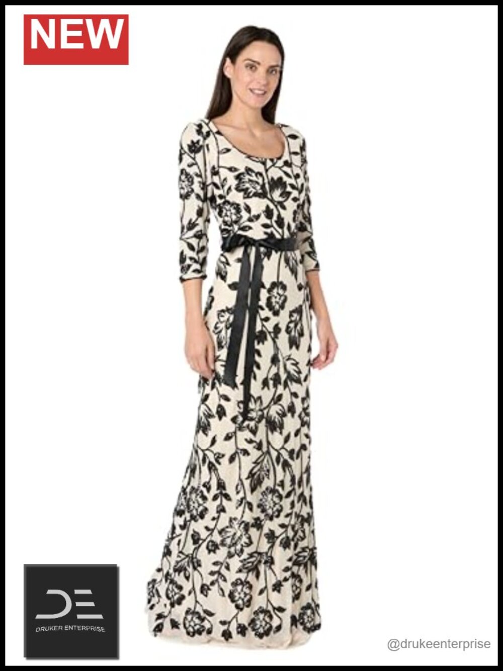 Floral Beaded Gown w/ Satin Tie Waist & 3/4 Sleeves